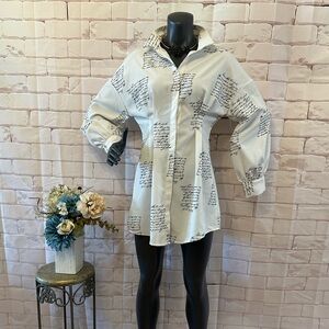 White Script Print Button-Up Dress/Shirt